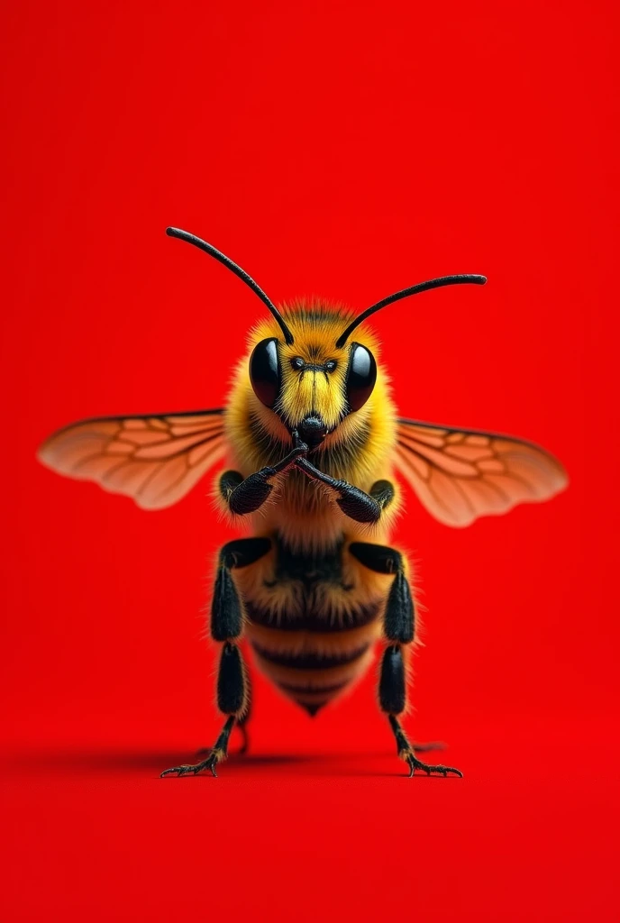 Praying male bee with red background
