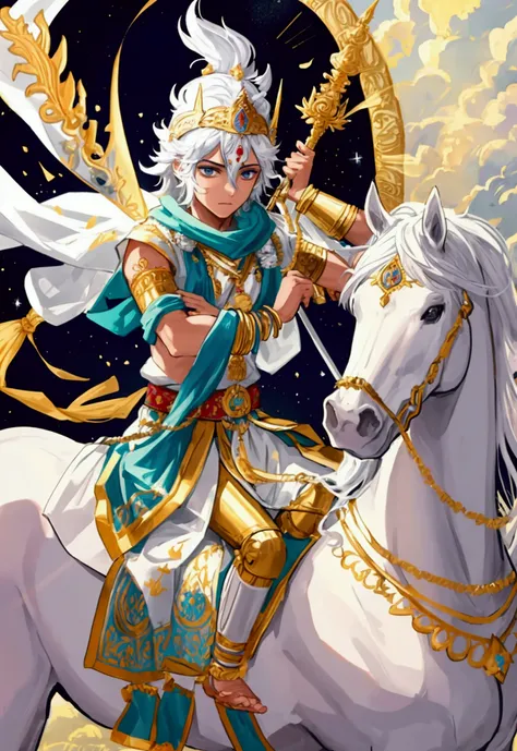 lord krishna in a poweful pose in battle feild white horse behind him