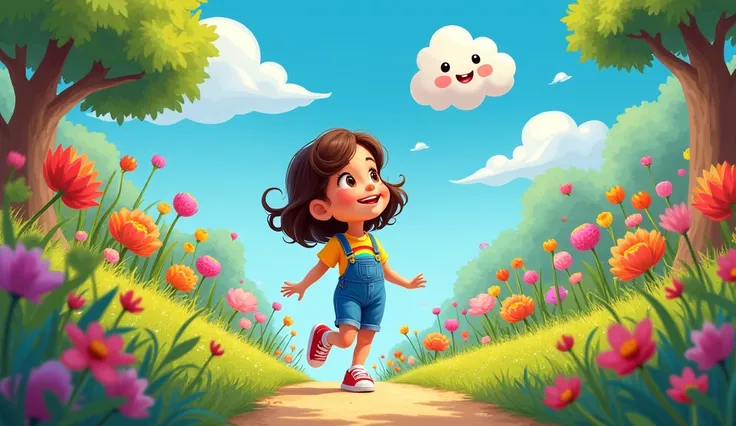 Lila, wavy shoulder-length hair with a playful bounce, face smiling with a curious look, wearing a vibrant yellow top with a cute rainbow pattern, blue overalls, and red sneakers, in a colorful garden filled with bright flowers, trees, and a bouncing cloud...