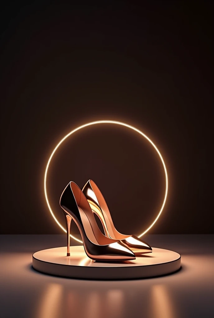 Fashionable rose gold high heels product display scene，The background is a minimalist dark background，The logo is circular，The words &#39;Fashion High Heels&#39; are arranged at the bottom. Photos taken with a wide-angle lens,Present elegant posture in art...