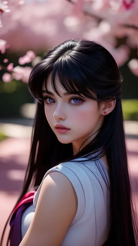 a beautiful young girl with long purple hair, stunning purple eyes, delicate facial features, wearing a cute school uniform, standing in a lush garden surrounded by cherry blossoms, (best quality,4k,8k,highres,masterpiece:1.2),ultra-detailed,(realistic,pho...