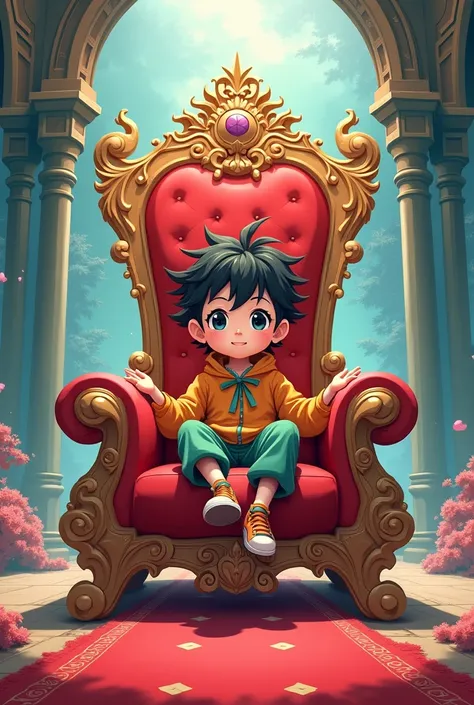 One boy seating on the king chair 
Like anime  video 