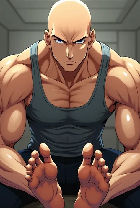 Anime Bald man with his tank tops showing his bare feet close up