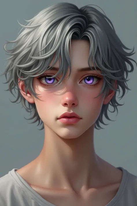 realistic french teenage boy with gray hair and purple eyes