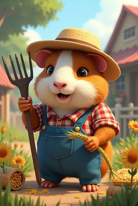 Guinea pig in overalls, plaid shirt, straw hat, holding a rake and eating a branch of wheat. In front of a farm. In 3D drawing. 