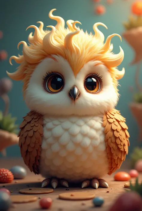 Owl with curly hair and small eyes