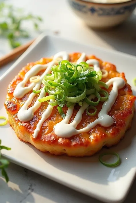 Design a visually enticing image featuring an okonomiyaki with white sauce and spring onions only on top. Capture the nutritious qualities of this healthy. Arrange the ingredients in an artful, appetizing manner, allowing the viewer to appreciate the visua...