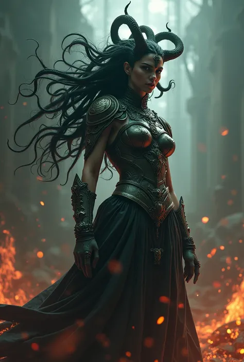 1 stunning female medusa, epic fantasy battle, intricate details, highly detailed, masterpiece, 8k, photorealistic, hyper realistic, dramatic lighting, dynamic poses, cinematic composition, intense action, chiaroscuro, vibrant colors, dark and moody, drama...