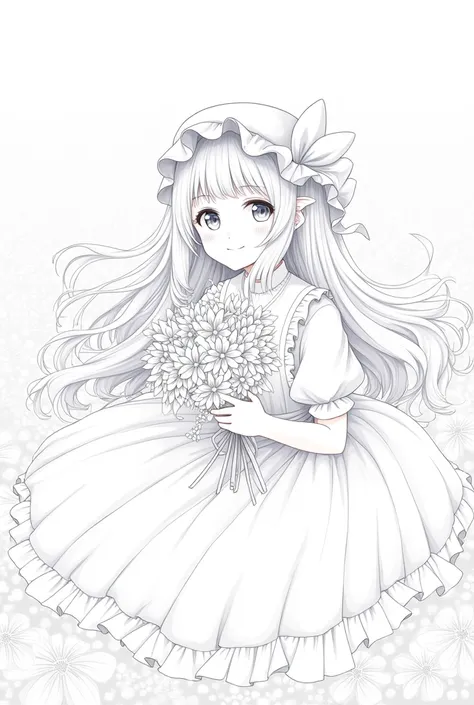 masterpiece, best quality, 1girl, solo, long_hair, looking_at_viewer, smile, bangs, skirt, shirt, long_sleeves, hat, dress, bow, holding, closed_mouth, flower, frills, hair_flower, petals, bouquet, holding_flower, center_frills, bonnet, holding_bouquet, fl...