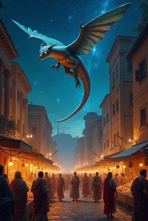 
 * A bustling marketplace in ancient Rome, filled with merchants selling their wares.
 * A fantastical creature with glowing eyes and iridescent scales, soaring through a starry night sky.