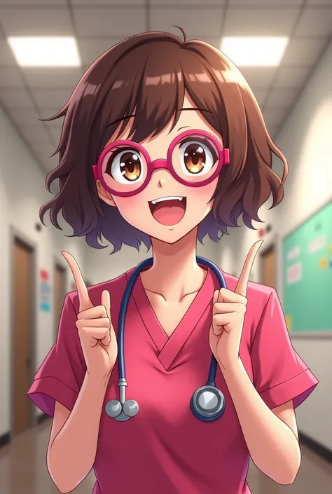 doctor in cherry uniform, obstetrician, lively, tipo Excited, short hair, an HD, con lentes circulares color rosa y short hair ondulado color marron, Excited, brown eyes, 