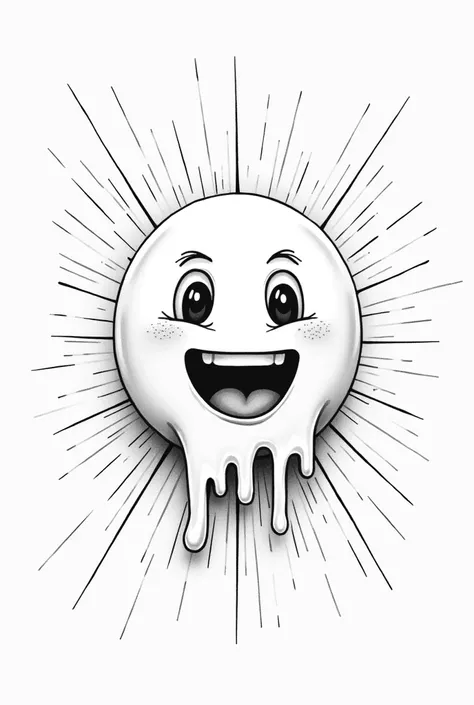 Melting emoji as a flat black and white drawing and a background with lines
