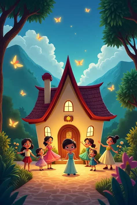 Create a festive Pixar-style illustration inspired by the film Encanto. Casa Madrigal should be in the center, magical and colorful, with details like vines, flowers and windows radiating light. At the front of the house, position the main characters to hi...