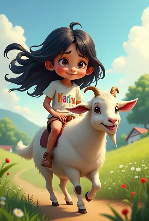 Black haired girl riding a goat shirt that says karina