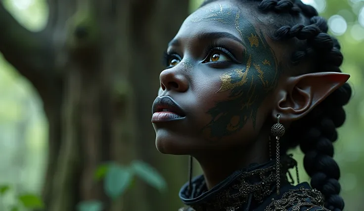 Close up portrait of woman with tattoo on face, Dark Elf, Fractalpunk, Braided complex hair, matte painting portrait shot, Beautiful female android, Dark skin, She is dressed as a shaman, Tattooed face, Cryptopunk, Heavy makeup,smile、Looking up next to a l...