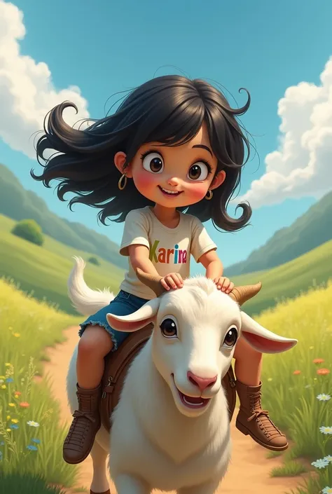 Black haired girl riding a goat shirt that says karina