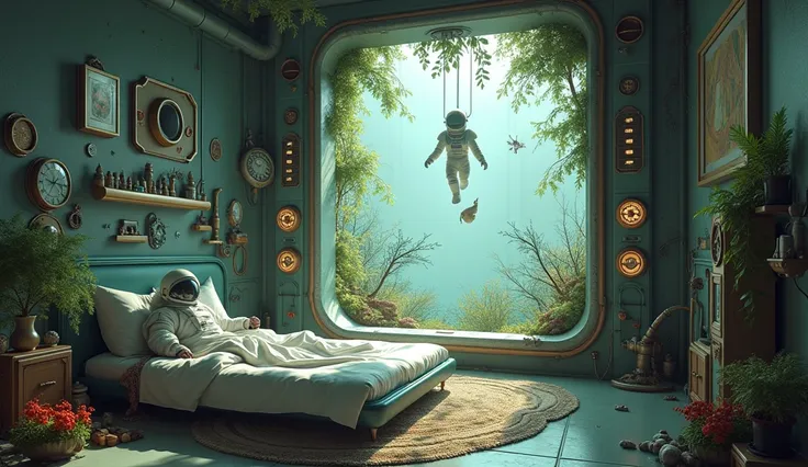 A cosmonaut in a room lying on his bed and on the ceiling an opening onto another world with an animal and the branches of a tree coming out of the ceiling et sur les murs il y a des mécanismes et horlogeries machine ambiance galactique et le plafond presq...