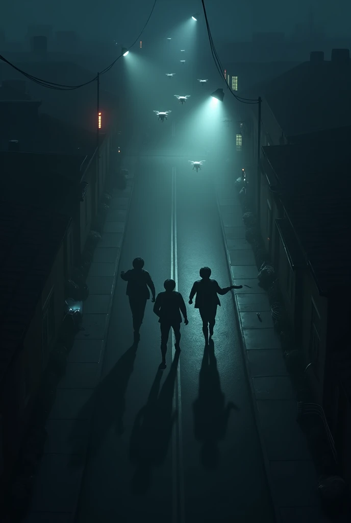 : An aerial view of a dark street with three teenagers running. Small drones, illuminated with bright lights, fly over them, creating a surveillance effect. The atmosphere is tense, with elongated shadows and flickering lights that contrast with the darkne...