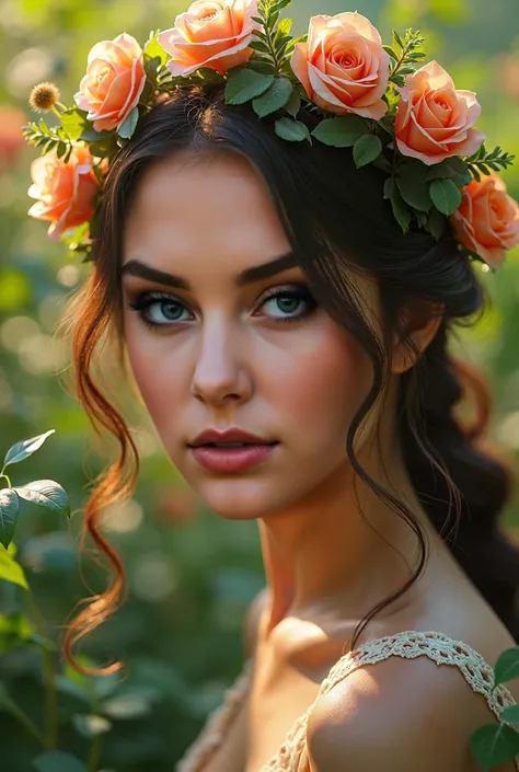 a girl in a garden, beautiful detailed eyes, beautiful detailed lips, extremely detailed eyes and face, long eyelashes, elegant flower crown, vibrant colors, warm lighting, lush foliage, soft focus, cinematic, dramatic lighting, fantasy, ethereal, dreamlik...