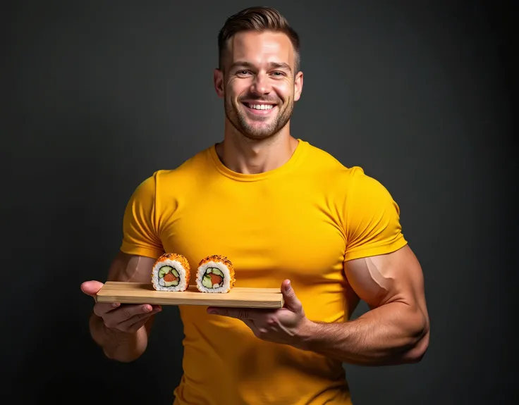 Realistic photo just below the chest, which depicts a muscular man in a yellow T-shirt, smiles, no stubble, face is smooth, With one hand he shows and boasts his biceps, and in the other he holds a wooden board on which lie two delicious Japanese rolls, pr...