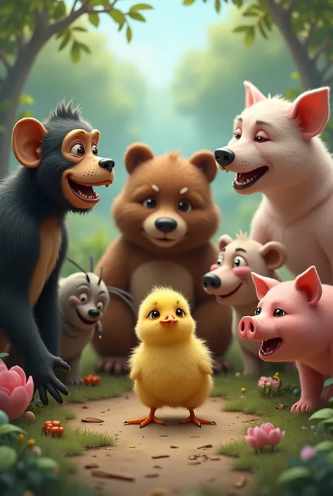 An image where a monkey , dog , bear , cockroach and pig are together in a group and a chick is all alone, make them laugh and in a circle make the chick sad and cry hard with tears