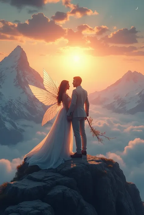 One couple stand close in the tip of mountain and see the nature.it seems like a magical world.and they wear like magical dress.and the girl have wings in her back and boy magic stick 
Sunset and moon raise 