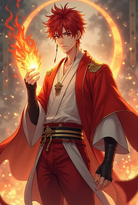 Full body image of mediaeval anime teenager with a slim body and average height with spiky, somewhat messy red hair framing his face and two long strands falling over his face to his shoulder. His complexion is as clear as ice. He is a royal prince. He has...