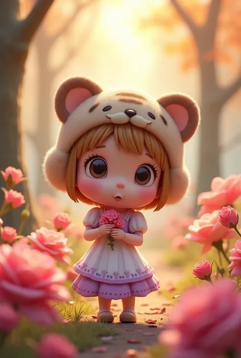 Cute baby chibi anime,(((chibi 3d))) (Best quality) (Master price)、Chibi model、white and purple dress、Tiger head hat、Autumn in the fairytale forest、Lots of realistic roses、In both hands、Have a 