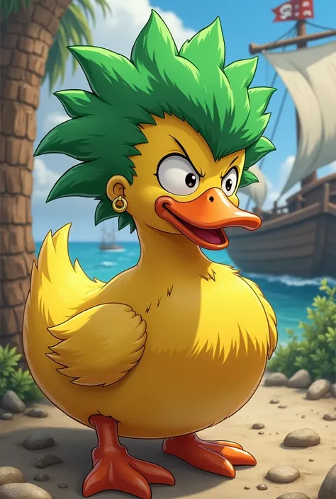 Yellow duck,One piece Zoro style, green hair, zoro eairing, pirate background 