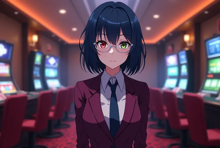 Dark blue bob、 Inner staining （Purple red）、Different colored eyes （Left red, right olive green、 wearing glasses （silver frame）、Purple red suit with dark blue tie、 Neutral-dressed female dealer、 casino、 anime style