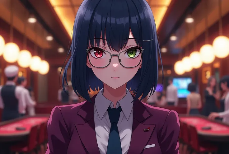 Dark blue bob、 Inner staining （Purple red）、Different colored eyes （Left red, right olive green、 wearing glasses （silver frame）、Purple red suit with dark blue tie、 Neutral-dressed female dealer、 casino、 anime style