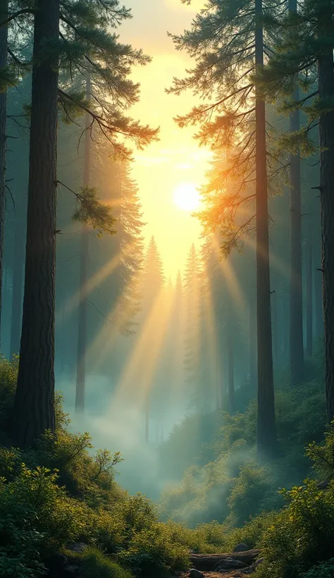 Amazing view of sun shining through pine trees with slight hint of fog in High Resolution, Masterpiece