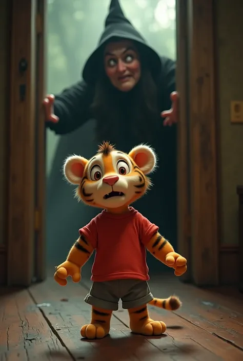 A 3D Pixar style cute baby tiger goes to the door.There is a witch by the door.The witchs face is very scary. The witch is constantly pulling the tiger towards her. The tiger is wearing a red shirt and gray shorts.His face is so scary and scared and worrie...