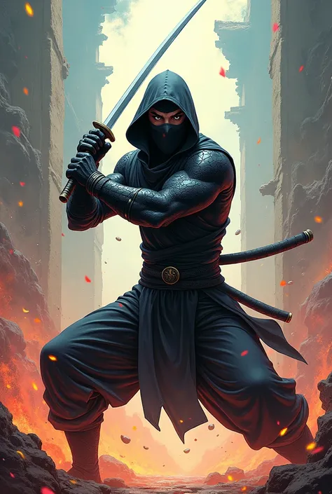 A male ninja holding a sword with animated background
