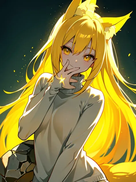 female, fox ears, fox tail, beautiful, sexy body, hair, yellow hair, yellow eyes, smile, smiling out of hilarity, laughing, gigg...