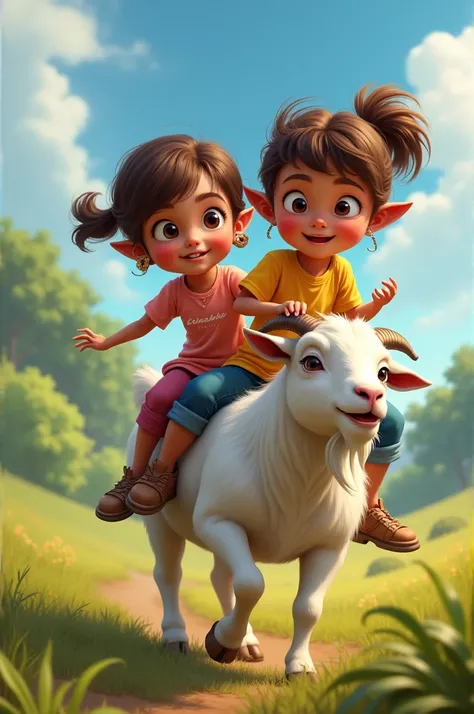 Two girls riding goat with Elizabeth Karina shirts 