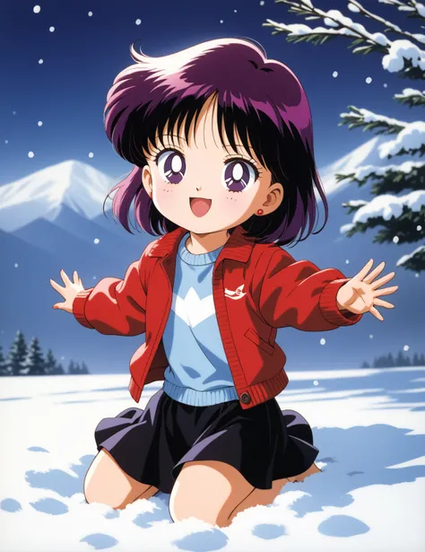 aamars, full body, toddler, , short hair, magenta hair, parted bangs, purple eyes, 1990s (style), 1 girl, solo, Best quality, masterpiece, High Definition, Smiling, Black Skirt, Red Jacket, Snow Background