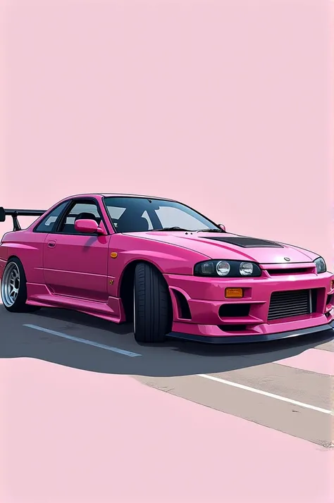 Pink lancer car in profile with anime women drawings 
