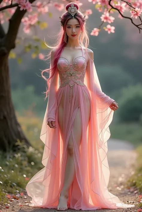 Chinese woman in traditional Chinese costume, barefoot and sexy with pink tree hair