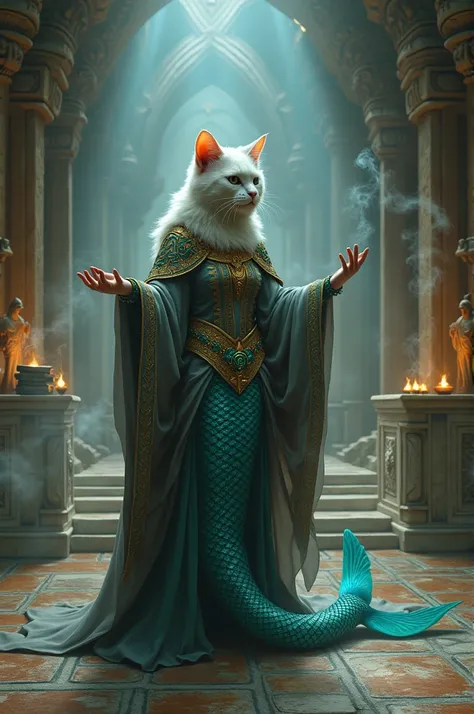 /imagine In the ancient Temple of Whiskers, a wise mermaid cat priestess foretells the coming of a hero