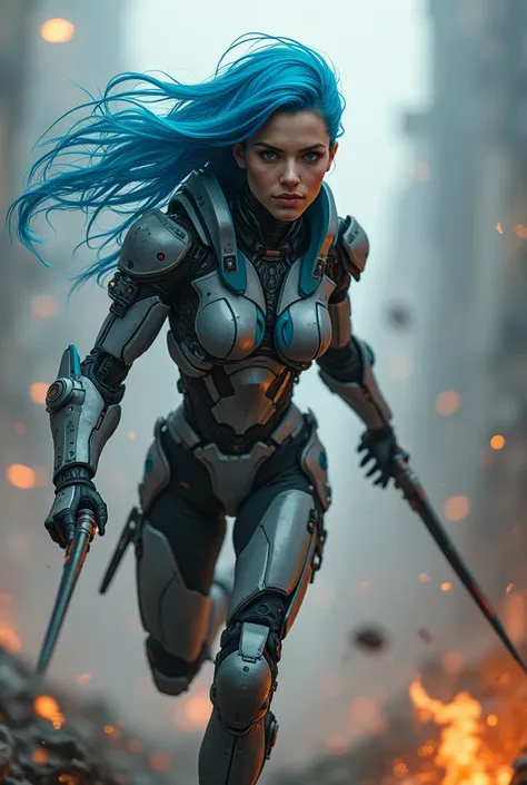 1 stunning female cyborg soldier, blue hair, epic fantasy battle, intricate details, highly detailed, masterpiece, 8k, photorealistic, hyper realistic, dramatic lighting, dynamic poses, cinematic composition, intense action, chiaroscuro, vibrant colors, da...