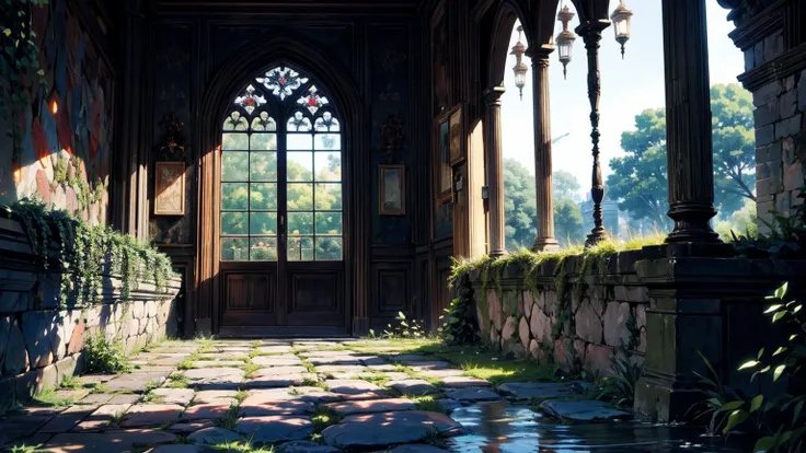 The stone-paved garden of this Gothic mansion has a shallow waterway with clear water flowing through it.、Beautiful windows、Moss green roof、A shallow waterway made of white stones、(((Outdoor)))