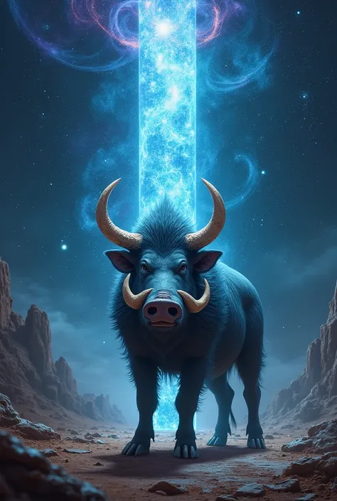 In a vibrant cosmic landscape, Vishnu transforms into a powerful boar, burrowing into the ground to discover the roots of the mysterious pillar. His majestic form, with gleaming tusks and a rich blue hue, contrasts against the dark soil. The glowing pillar...