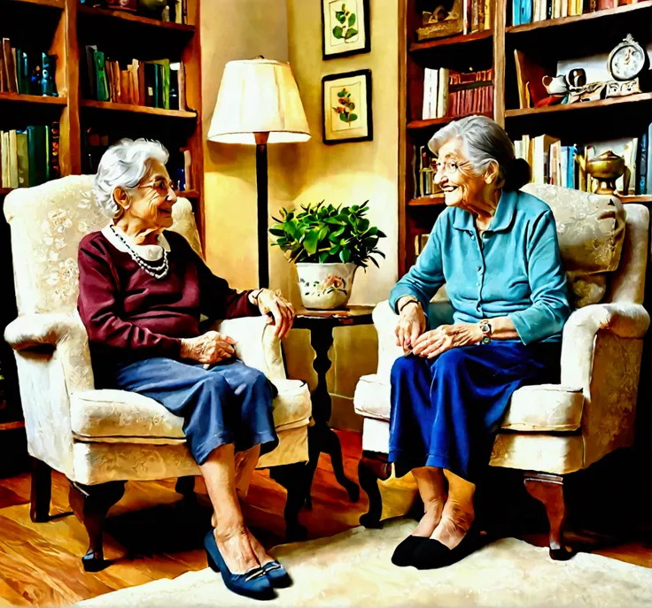 An elderly woman sitting comfortably in a classic armchair, with a gentle smile on her face, giving advice to her adult granddaughter, who is sitting on the floor in front of her, listening attentively. The environment is cozy, with soft lighting and detai...