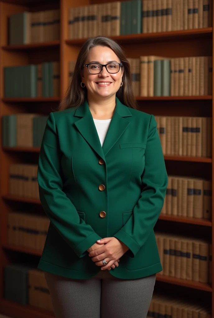 A dignified law librarian, wearing glasses with a warm and kind facial expression, stands proudly in a grass green uniform with grey pant adorned , with law books. 