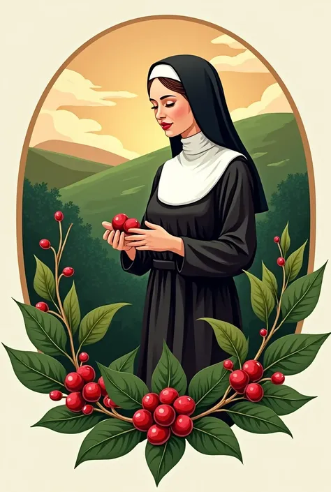 Create a logo for Santa Clara coffee shop with a female nun coffee picker and, coffee growing elements 