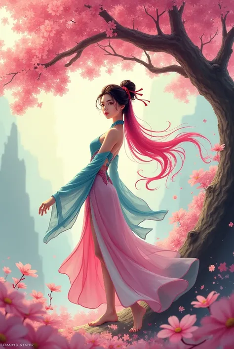 Chinese woman in traditional Chinese costume, barefoot and sexy with pink tree hair cartoon style 