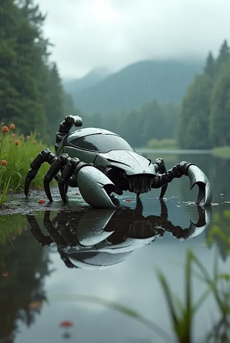 Scorpion  car in rainwater with lake
