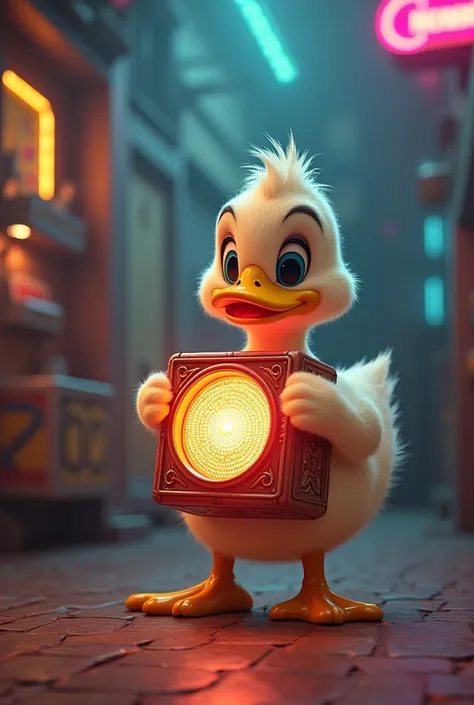 Retro themed duck holding a music box with disco lightss and stuff 