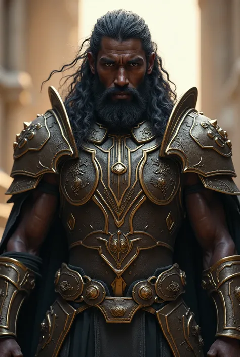 a black-skinned paladin, Long hair, medium beard, black eyes, Slightly thinned face.